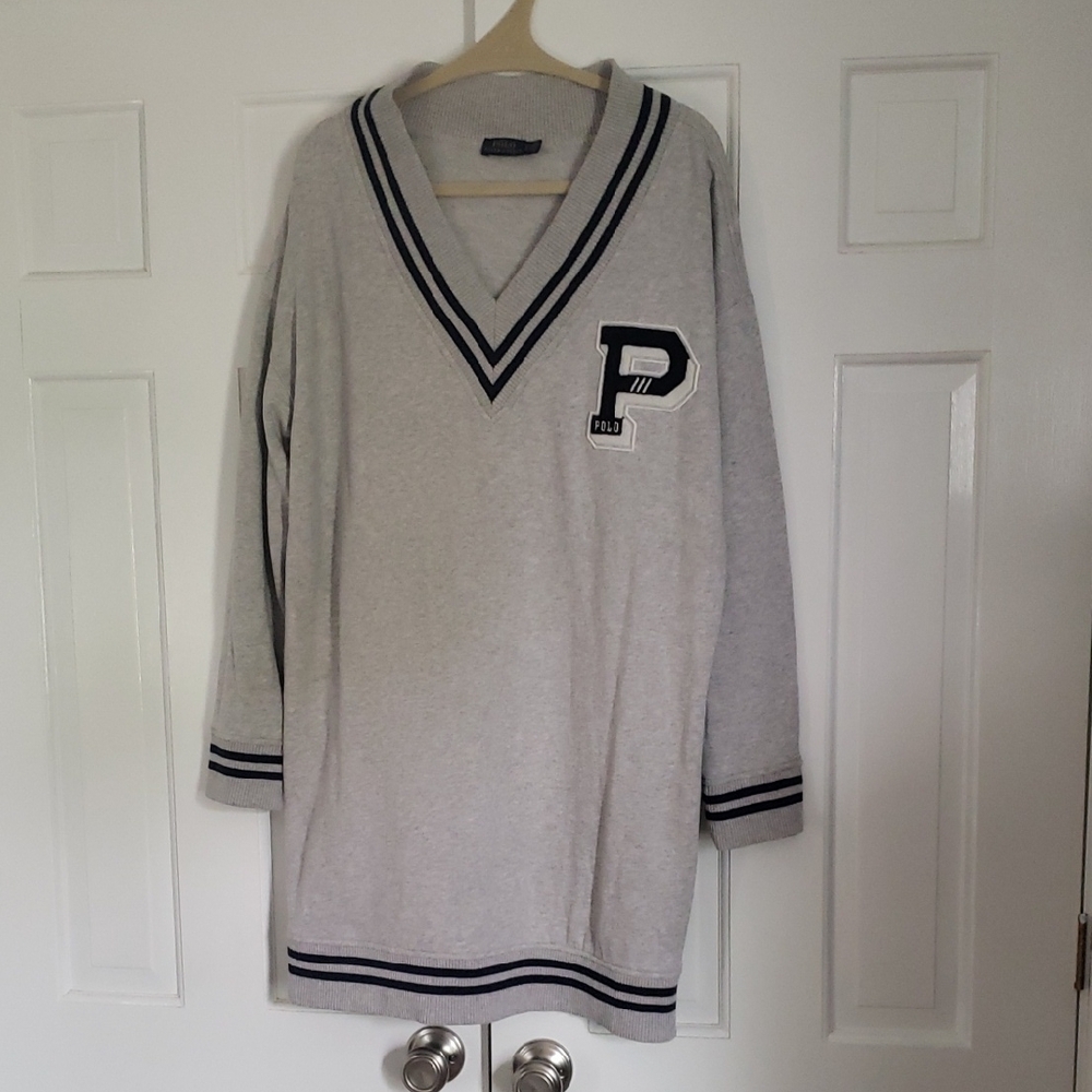 Polo by Ralph Lauren Gray V-Neck Varsity Sweat Shirt Dress with Navy Accents
